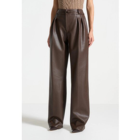 Maniere de Voir Pebbled Leather Pleated Stacked Trousers - Brown. Size 0. NWT - Picture 1 of 9
